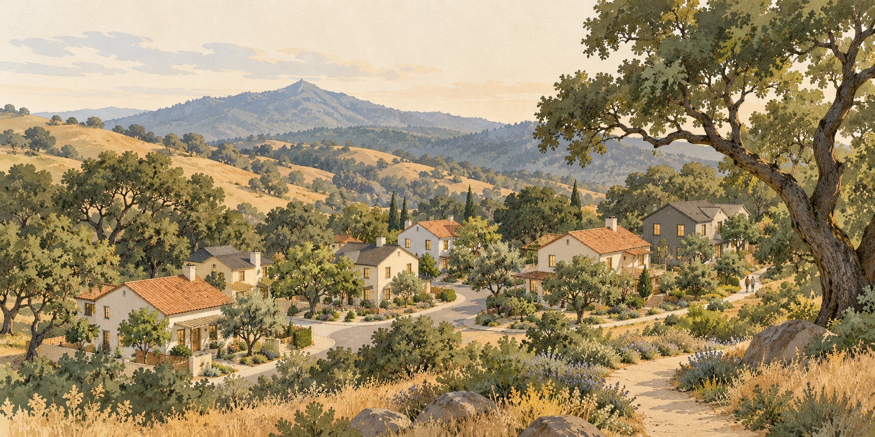 Hand-drawn illustration of a small neighborhood of cream-colored homes tucked among oak trees and golden Marin hills.
